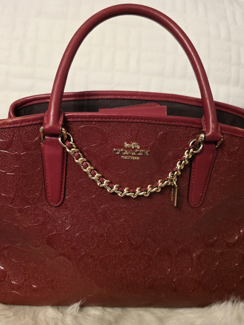 Coach Red Embossed Leather Purse with Gold Chain Accent